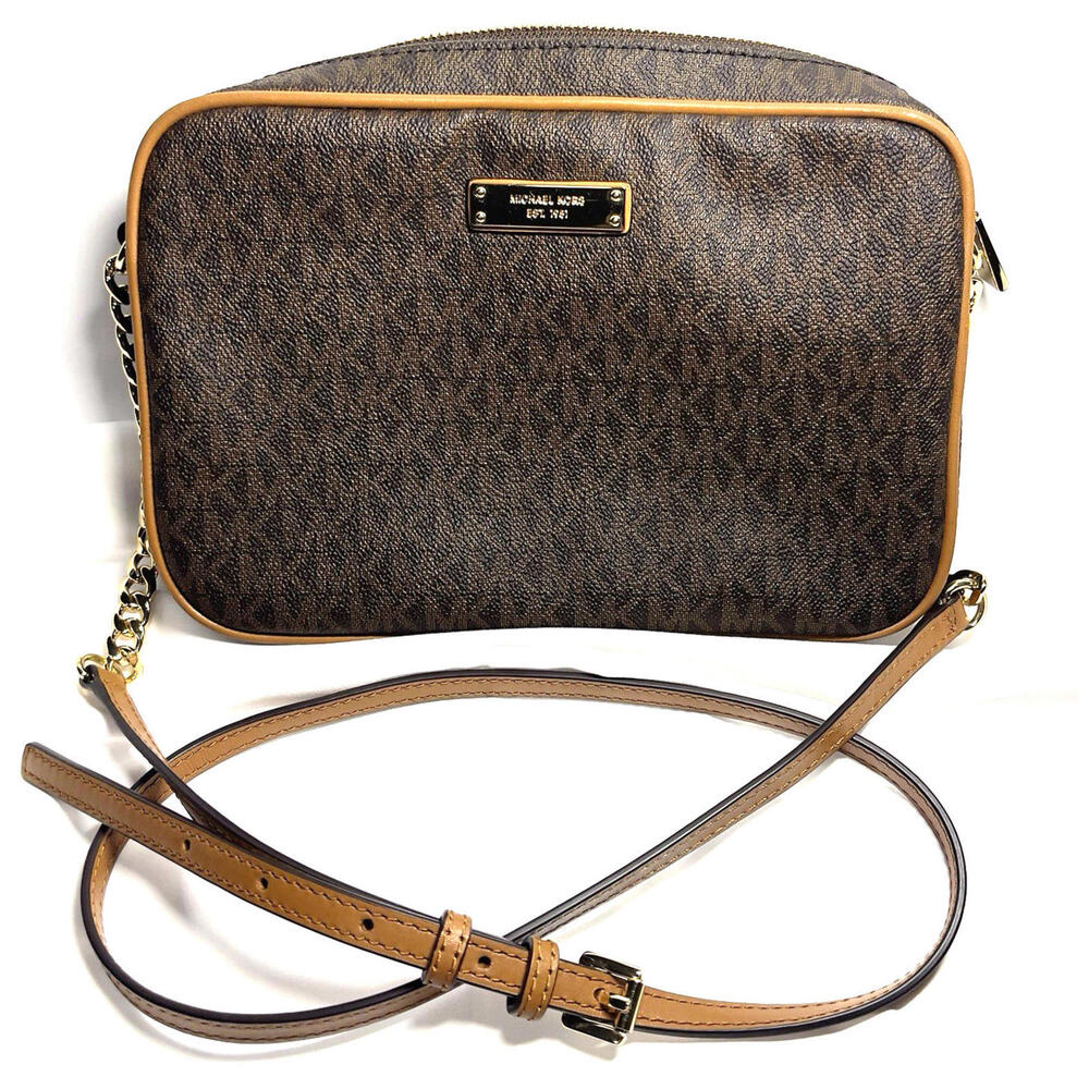 Michael Kors Jet Set Brown MK Signature Crossbody PVC Bag Leather Trim